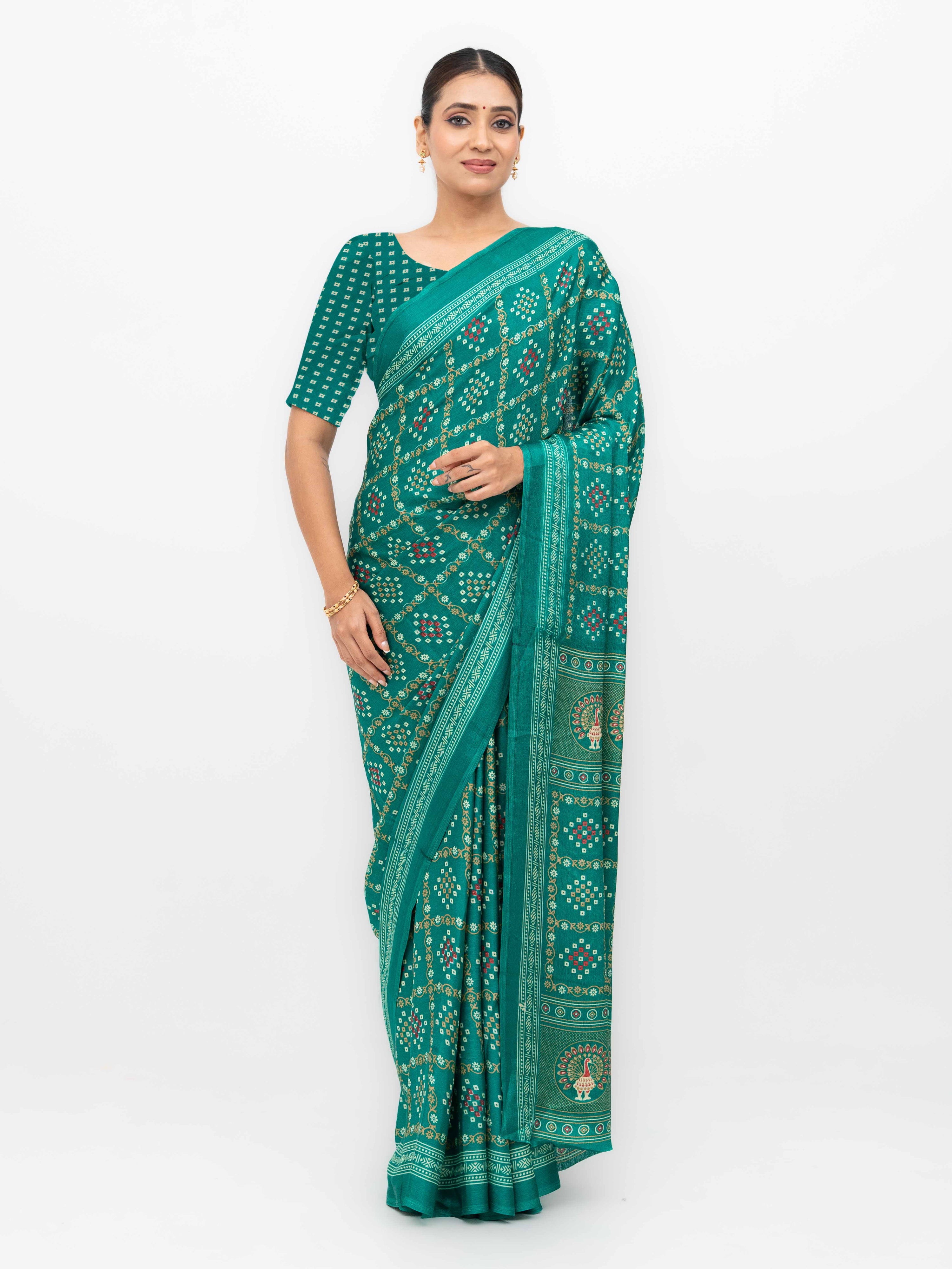 Rama Semi Crepe Bandhani Saree