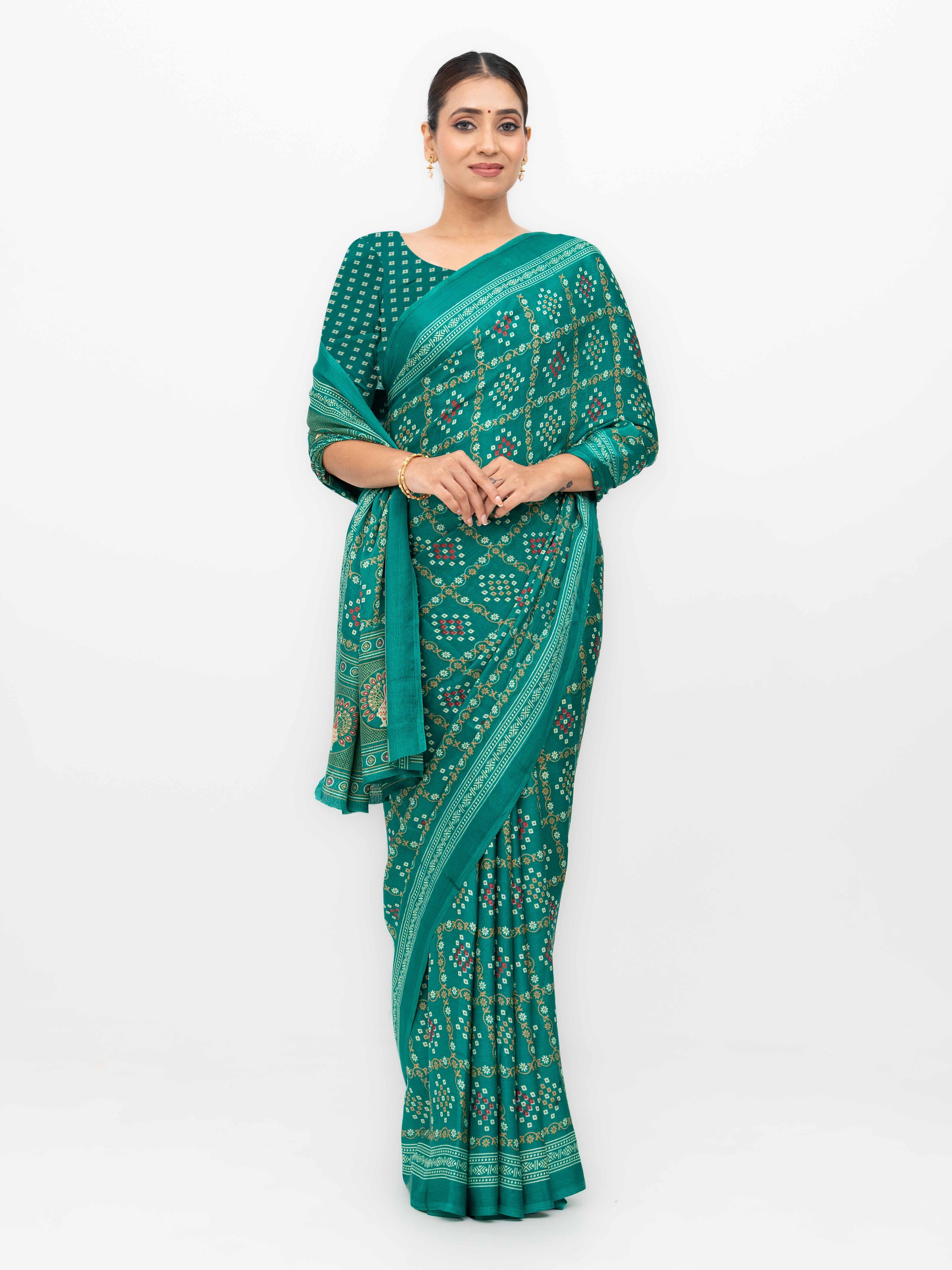 Rama Semi Crepe Bandhani Saree