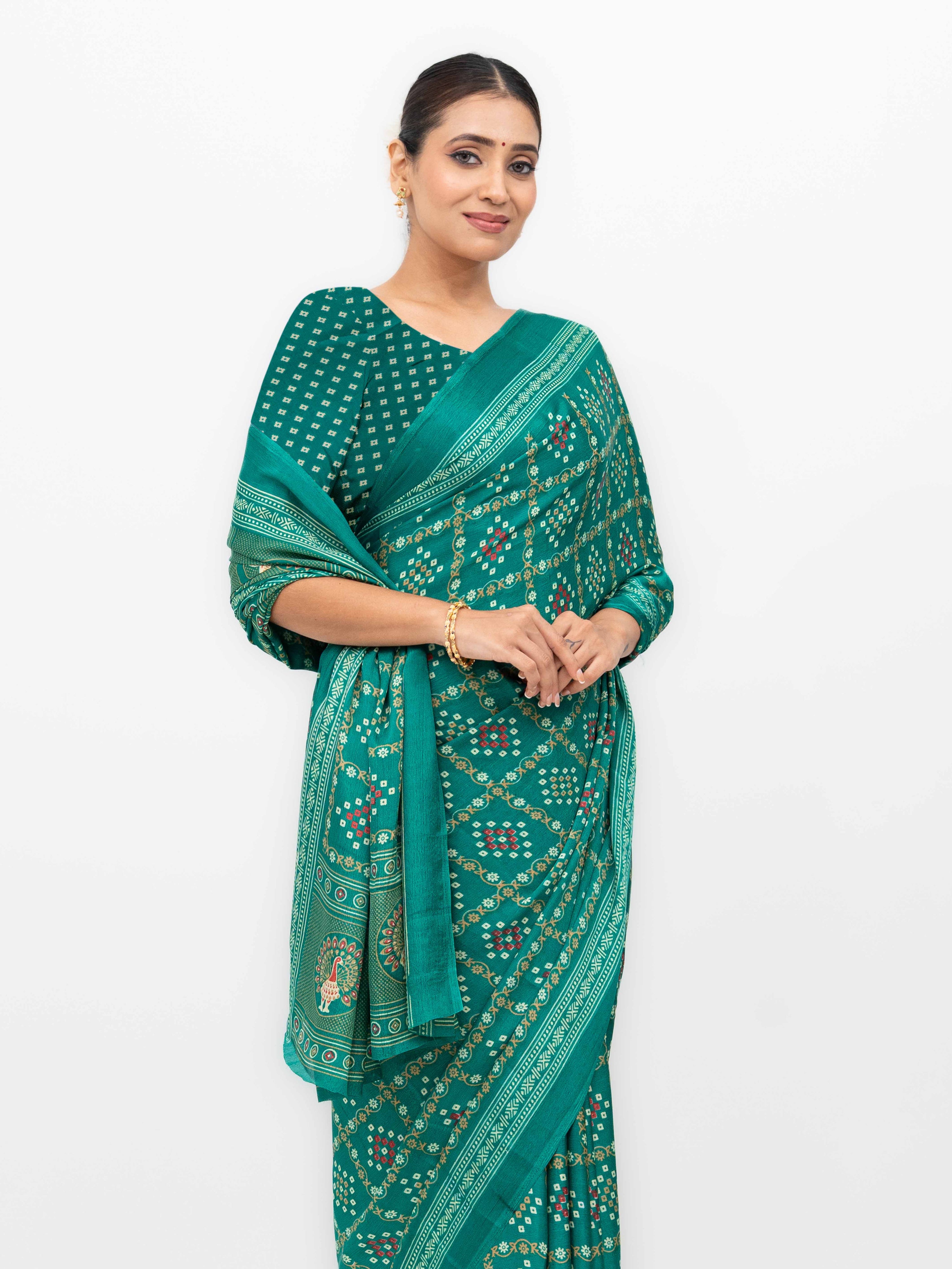 Rama Semi Crepe Bandhani Saree
