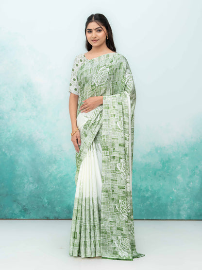 White &amp; Green Coral Silk Saree