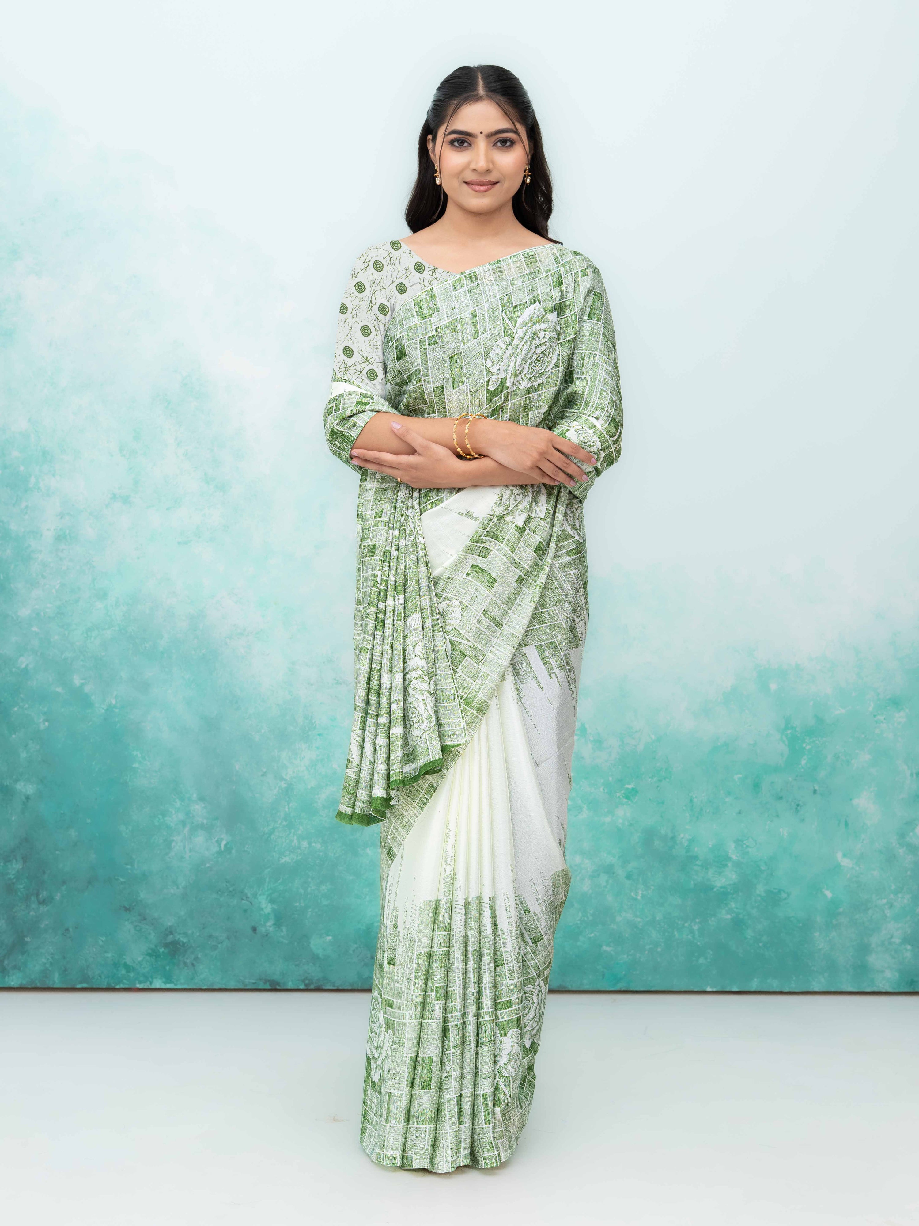 White &amp; Green Coral Silk Saree