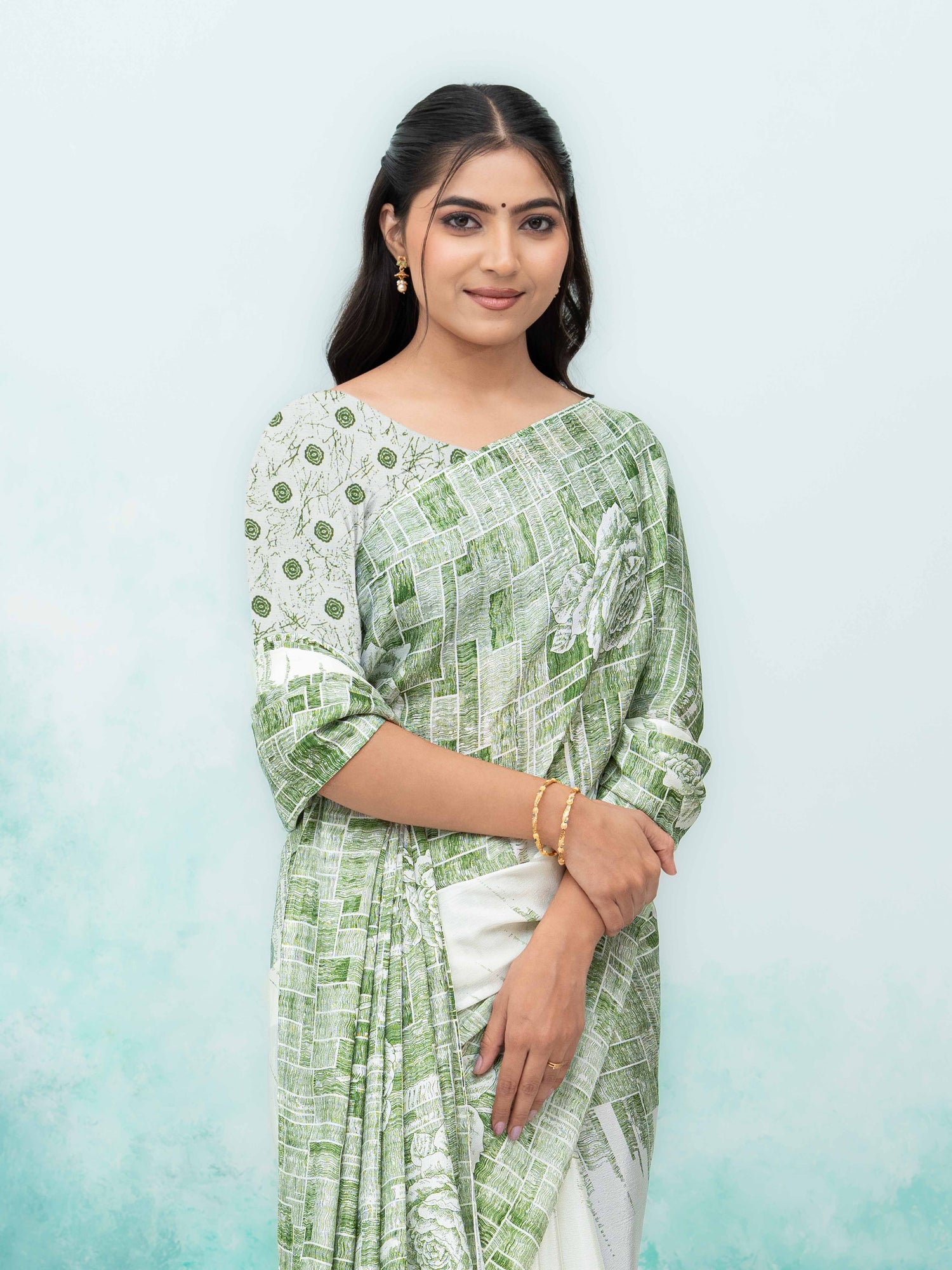 White &amp; Green Coral Silk Saree