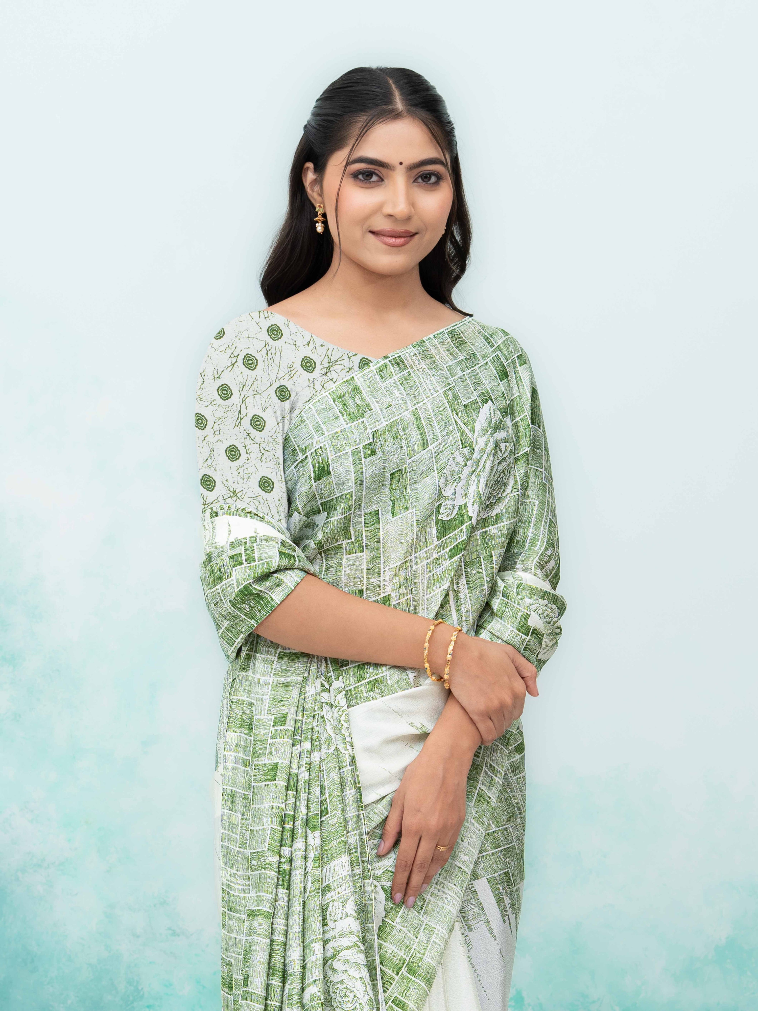 White &amp; Green Coral Silk Saree