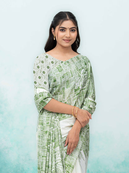 White &amp; Green Coral Silk Saree