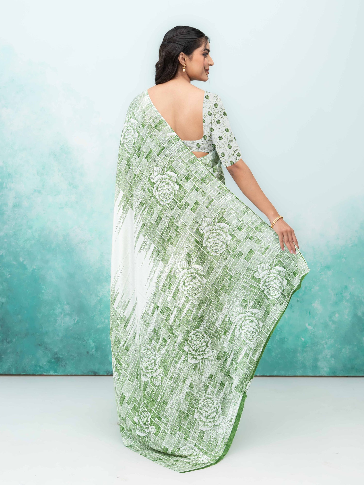 White &amp; Green Coral Silk Saree