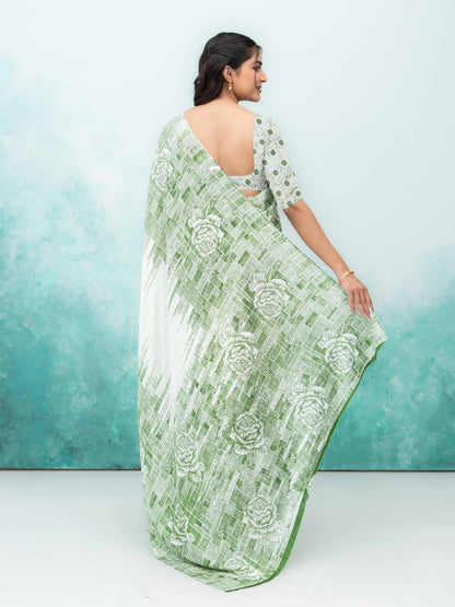 White &amp; Green Coral Silk Saree