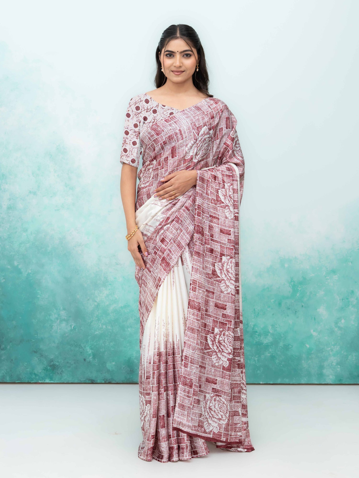 White &amp; Pink Coral Silk Saree