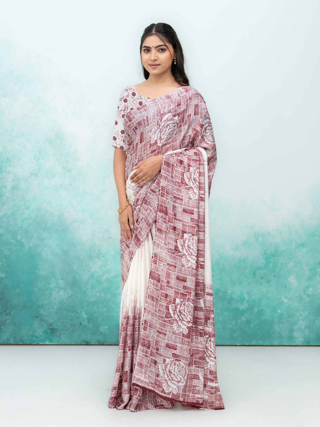 White &amp; Pink Coral Silk Saree