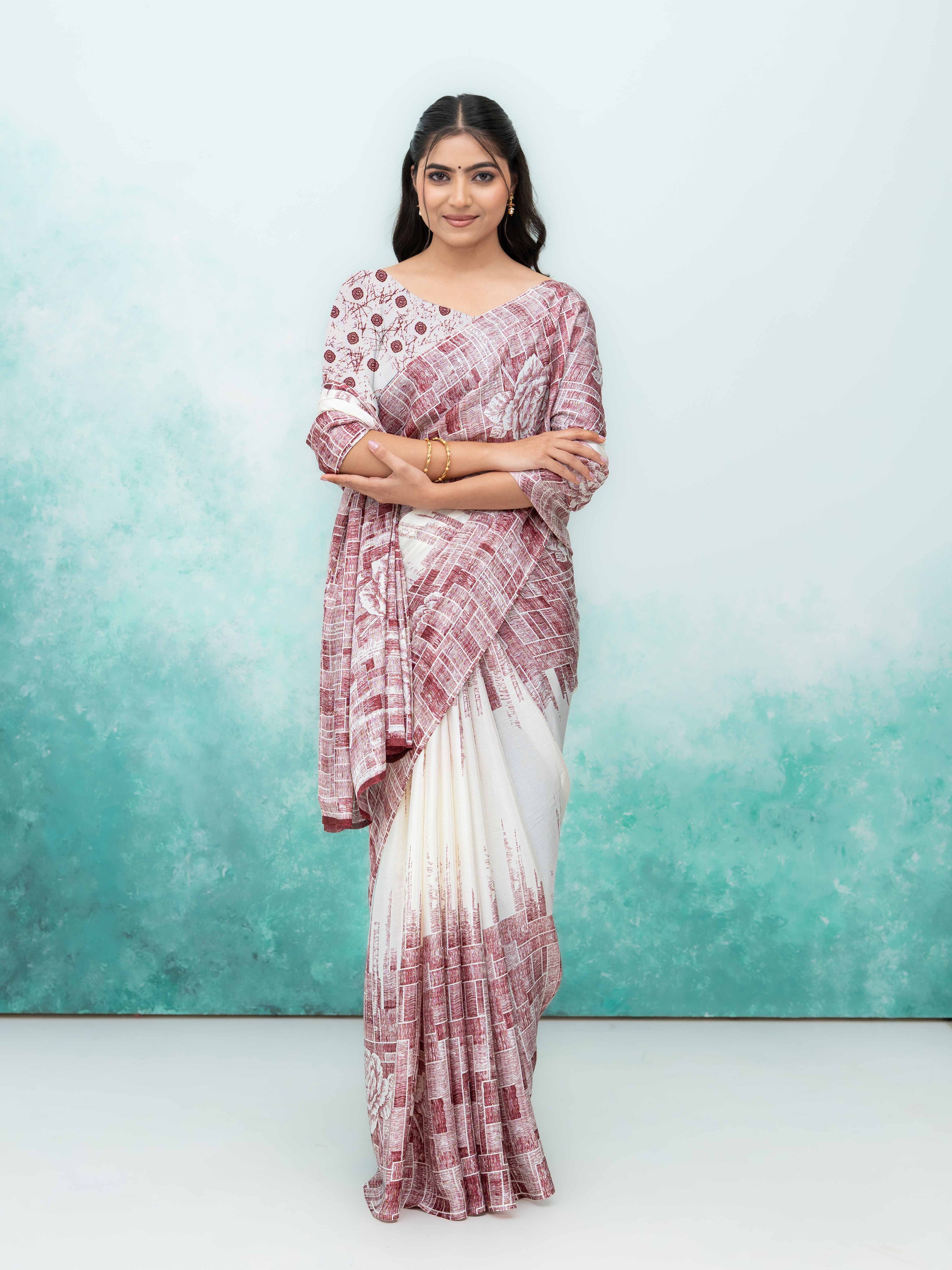 White &amp; Pink Coral Silk Saree