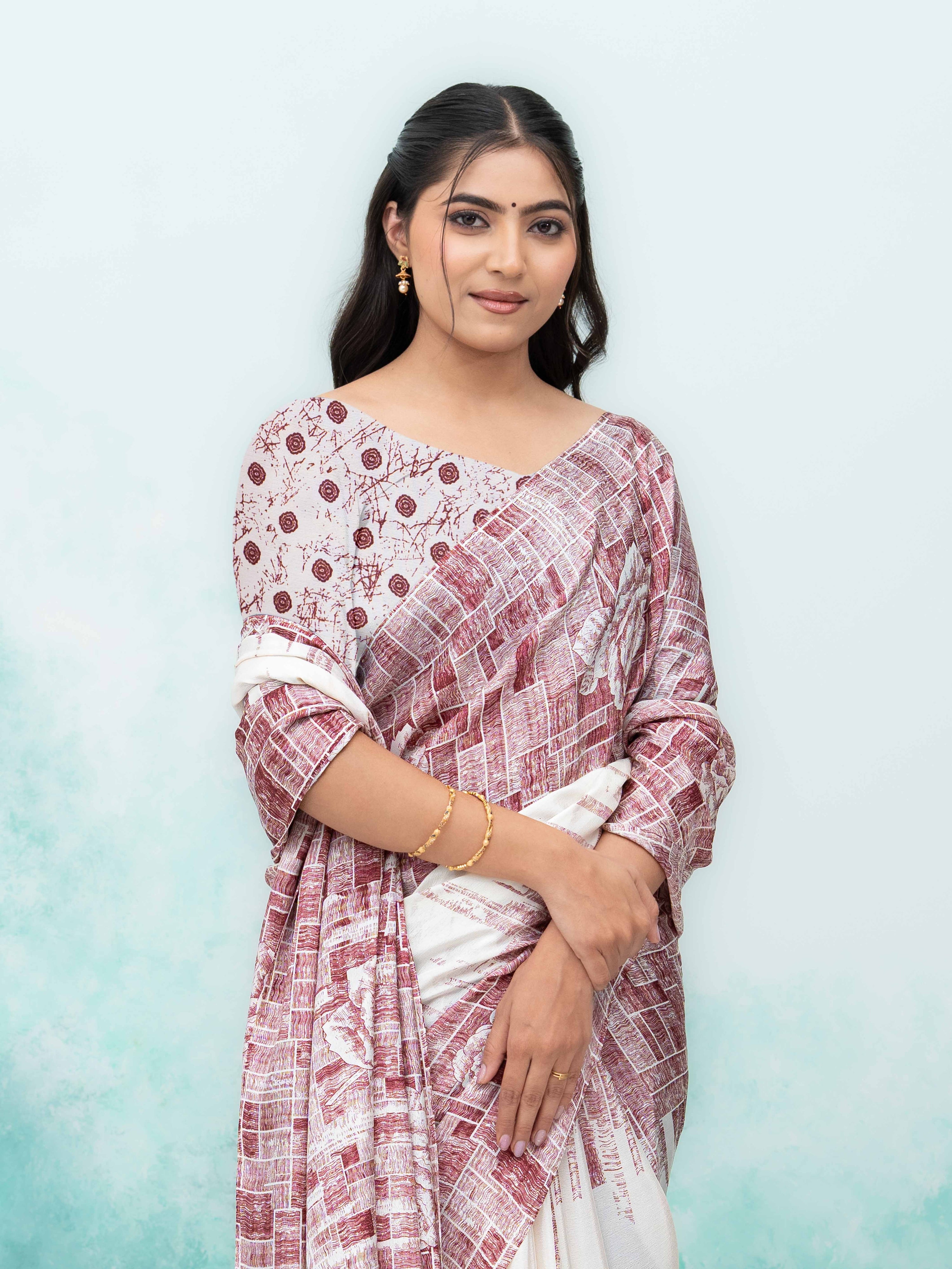 White &amp; Pink Coral Silk Saree