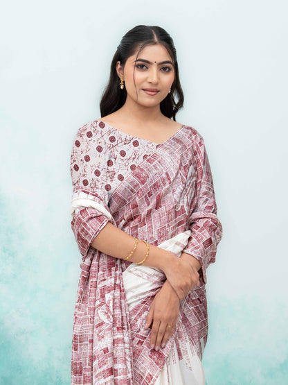 White &amp; Pink Coral Silk Saree