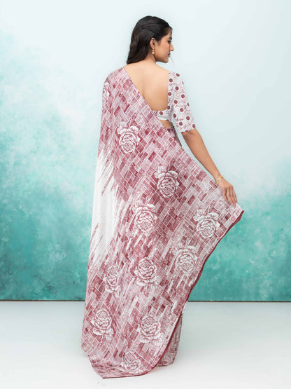 White &amp; Pink Coral Silk Saree
