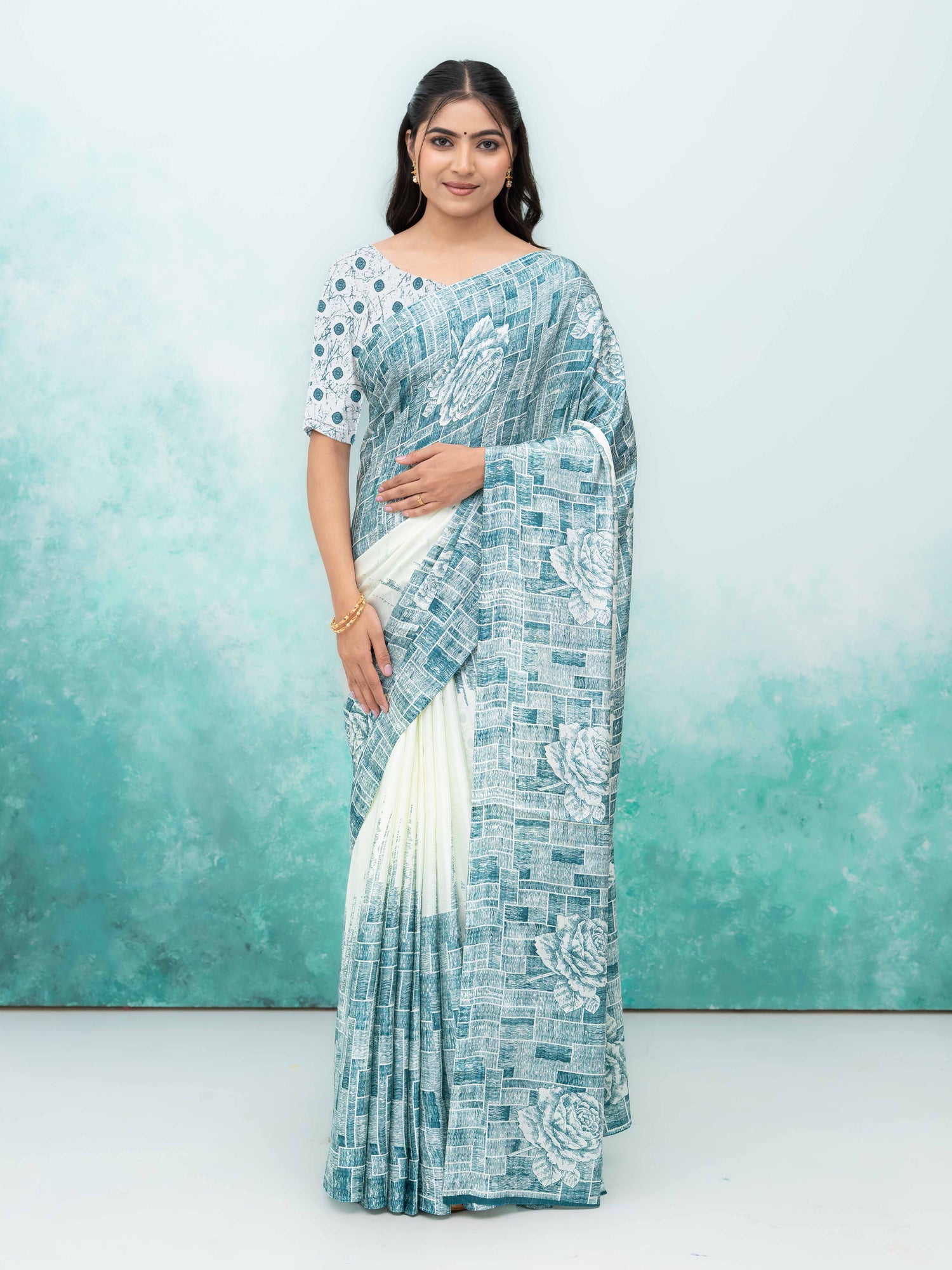 White &amp; Blue Coral Silk Saree