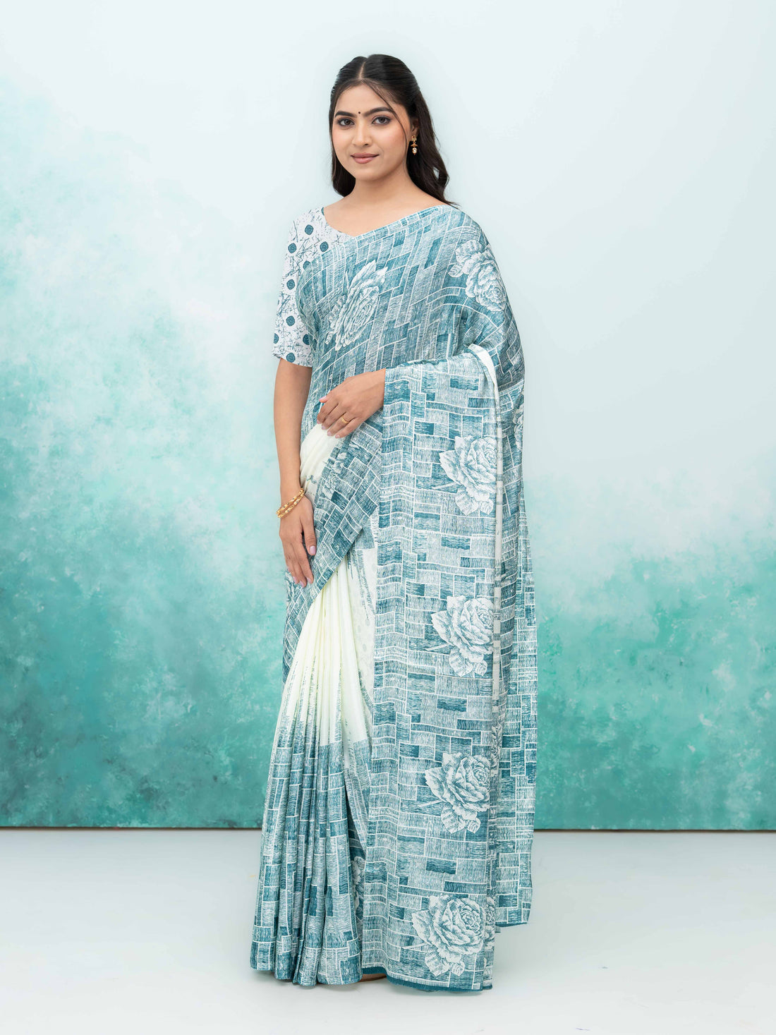White &amp; Blue Coral Silk Saree