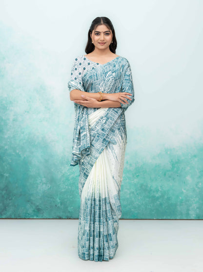 White &amp; Blue Coral Silk Saree