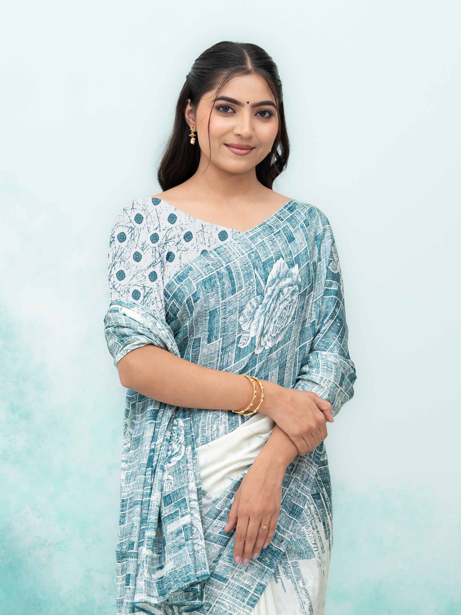 White &amp; Blue Coral Silk Saree