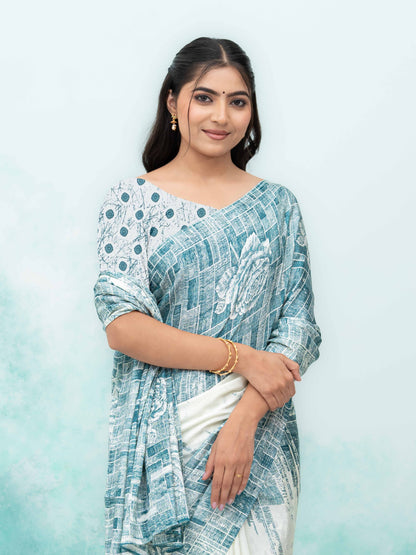White &amp; Blue Coral Silk Saree