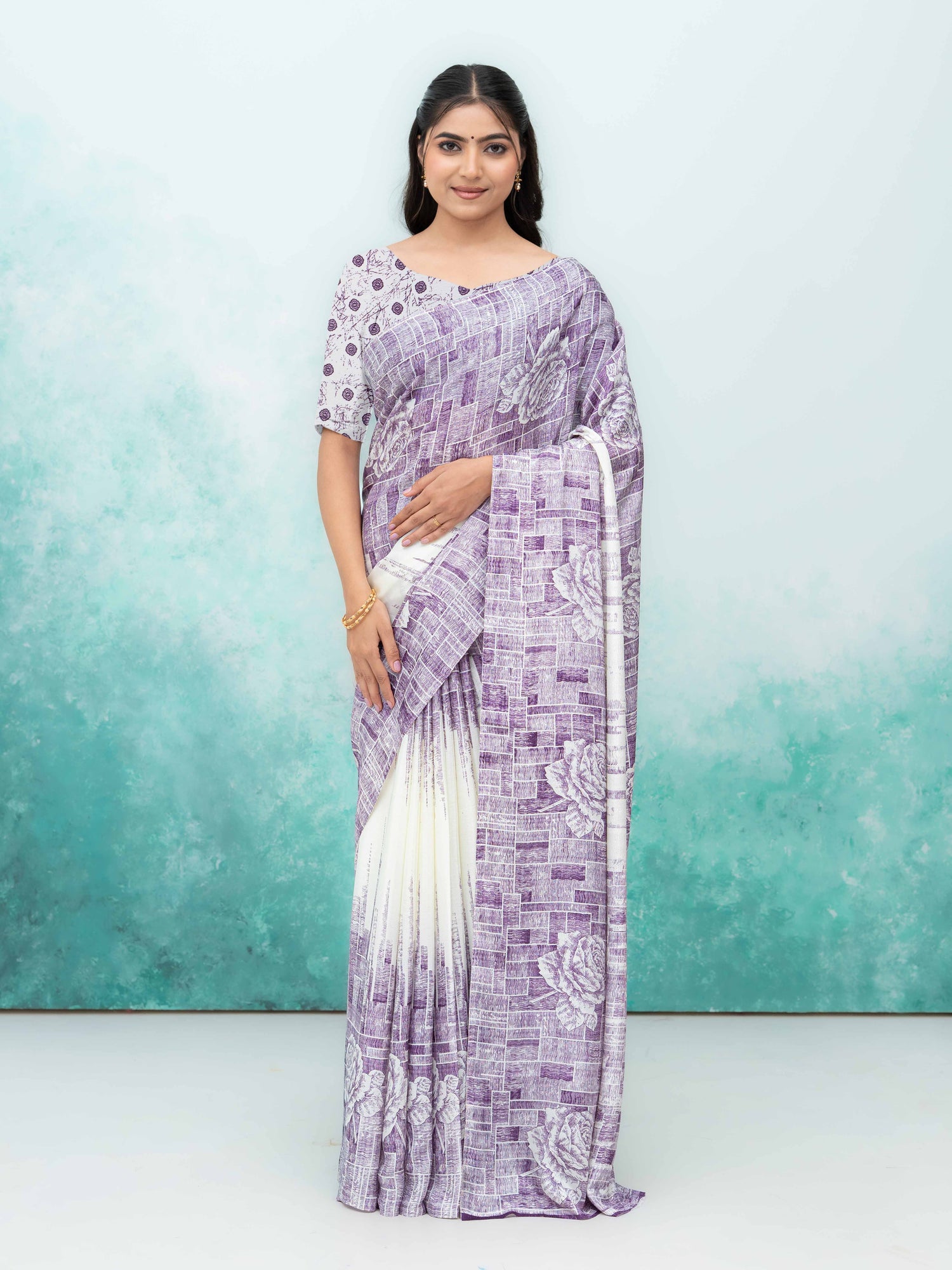 White &amp; Purple Coral Silk Saree