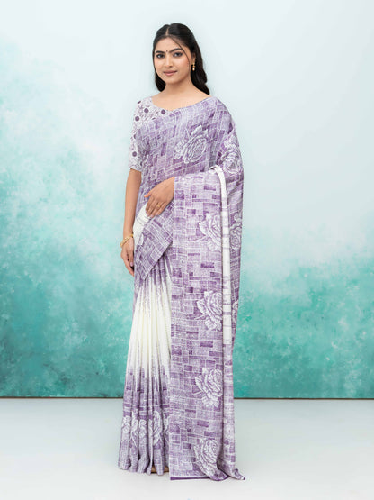 White &amp; Purple Coral Silk Saree