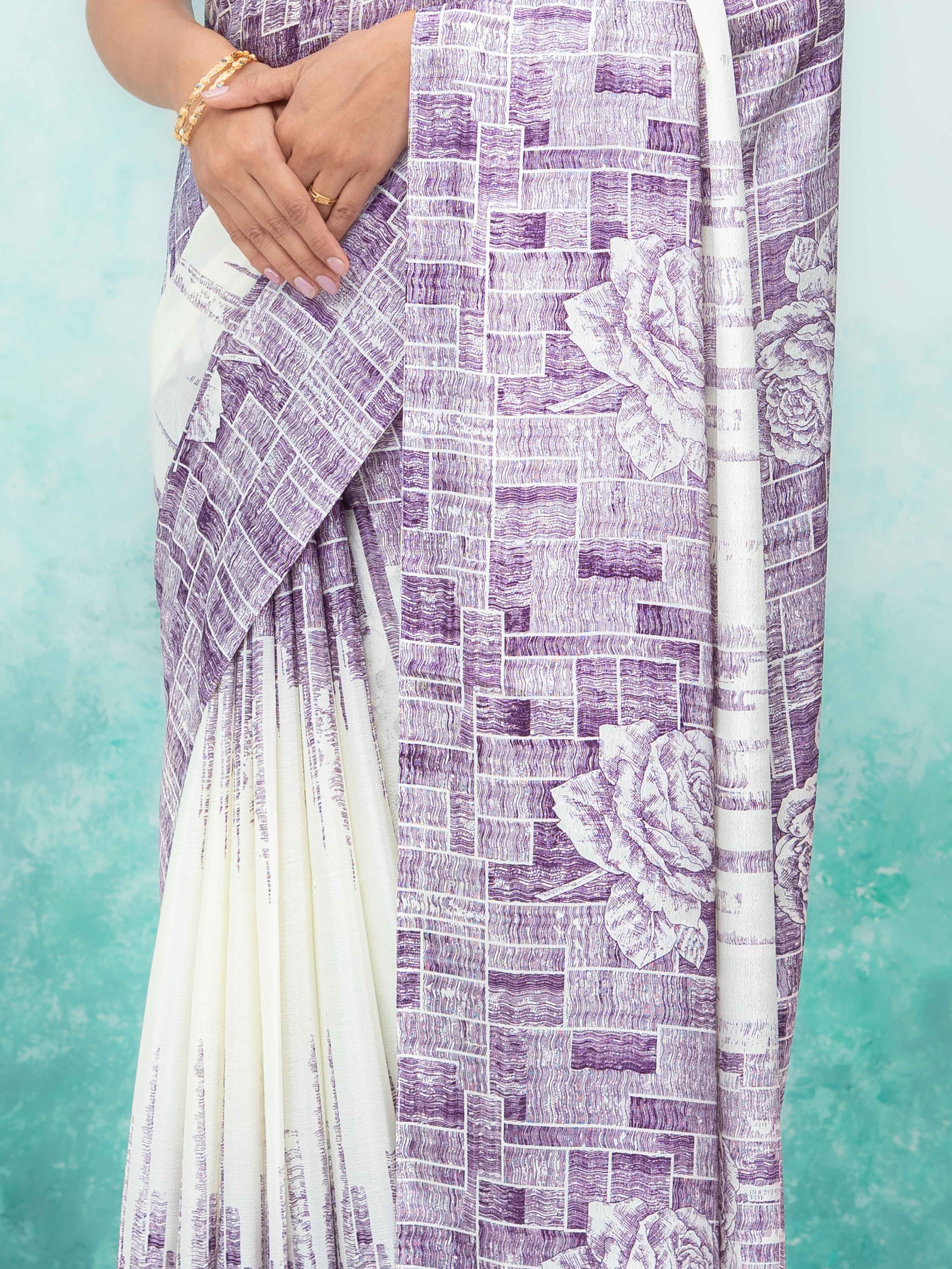 White &amp; Purple Coral Silk Saree