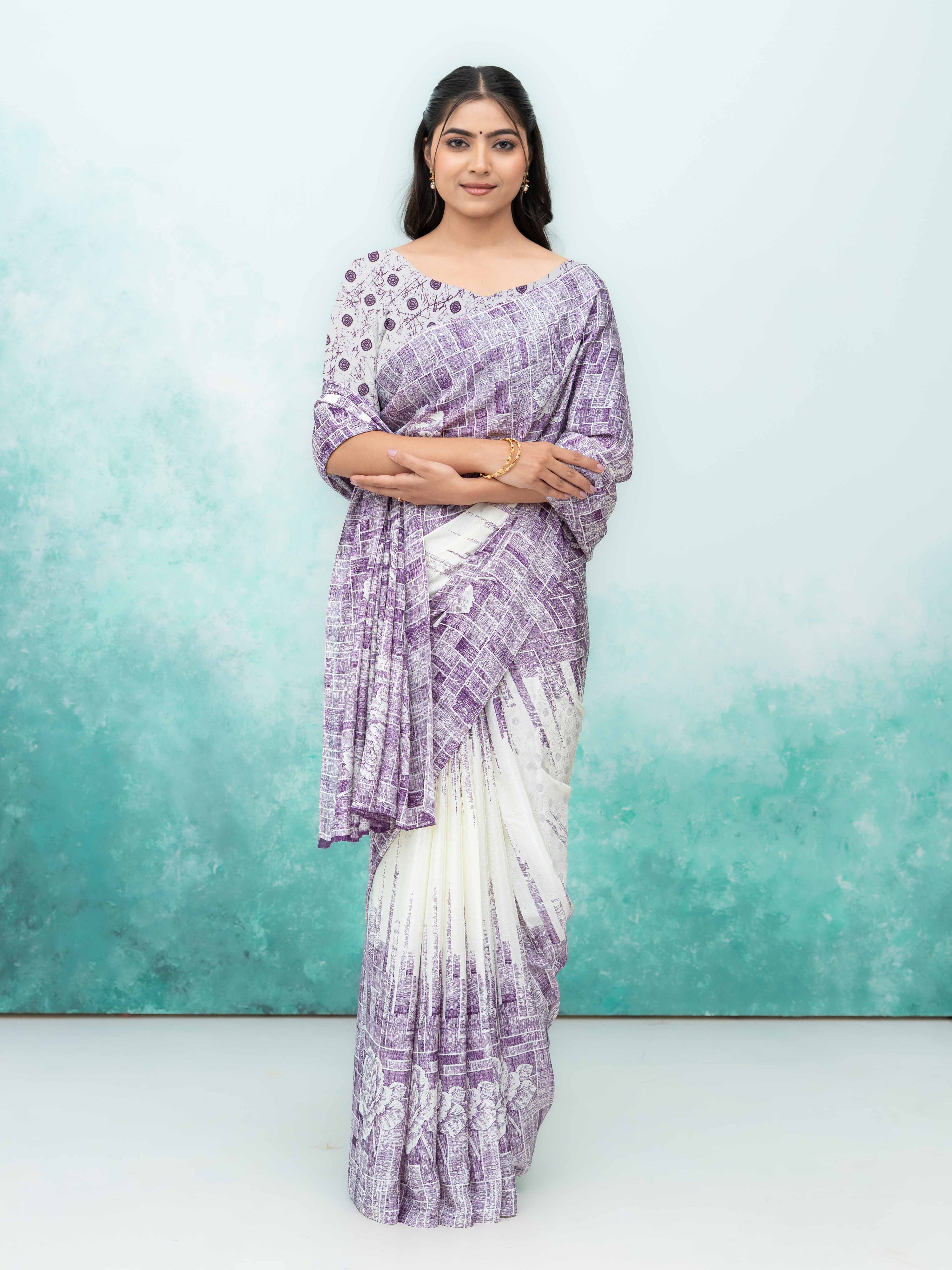 White &amp; Purple Coral Silk Saree