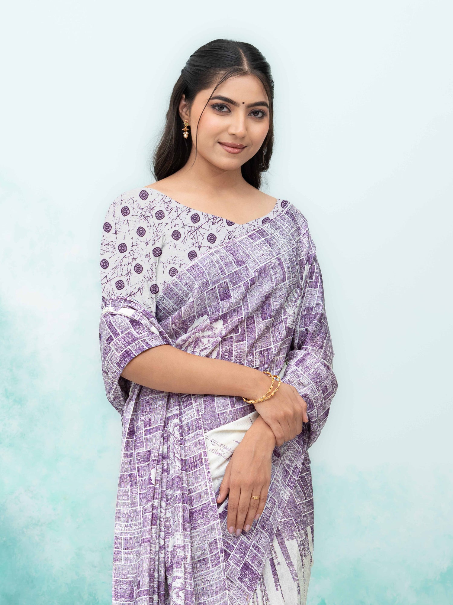 White &amp; Purple Coral Silk Saree