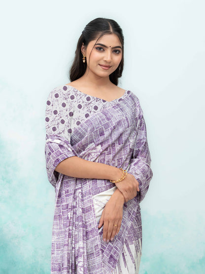 White &amp; Purple Coral Silk Saree