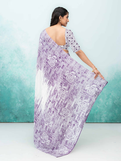 White &amp; Purple Coral Silk Saree
