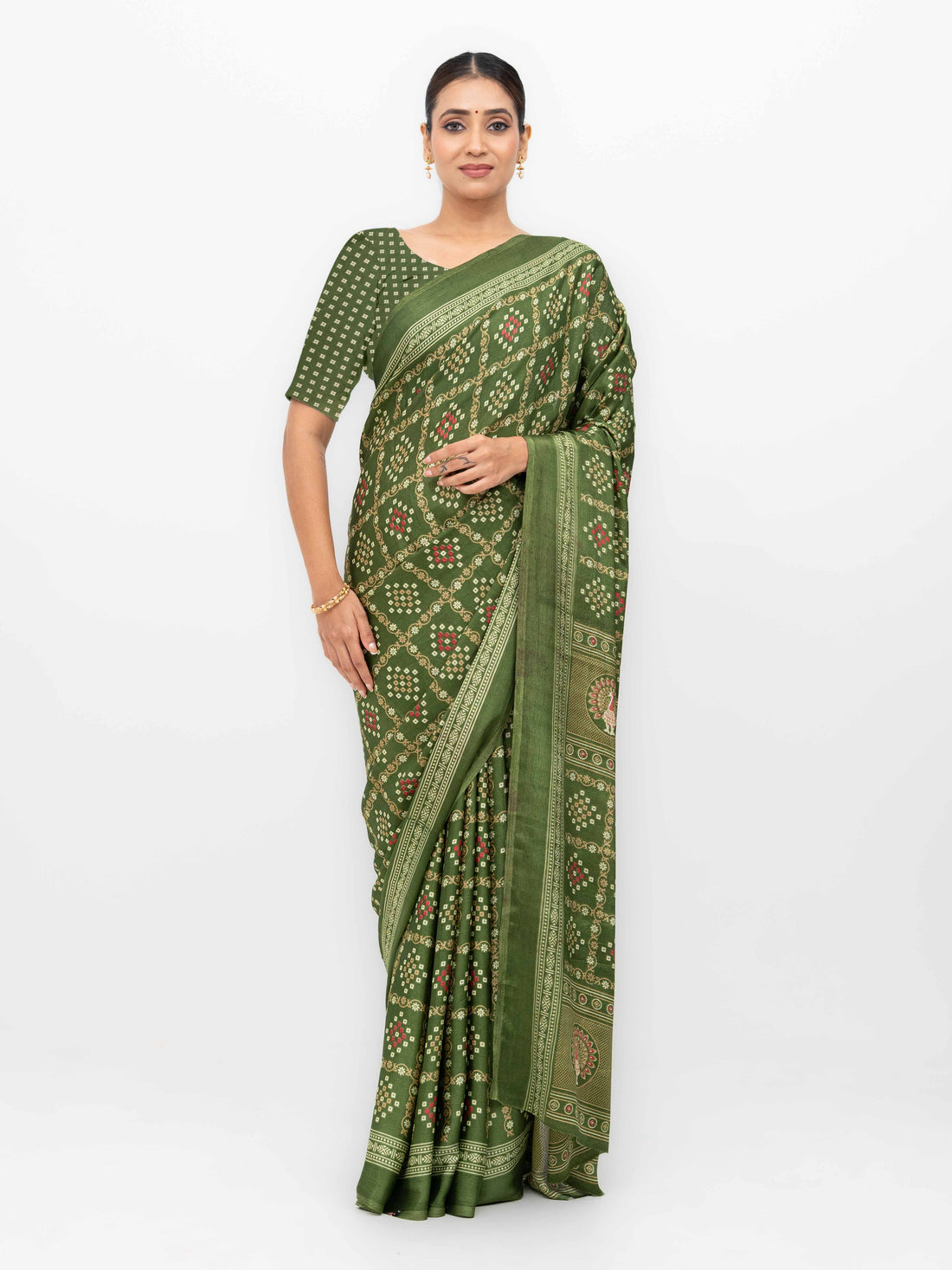 Olive Green Semi Crepe Bandhani Saree