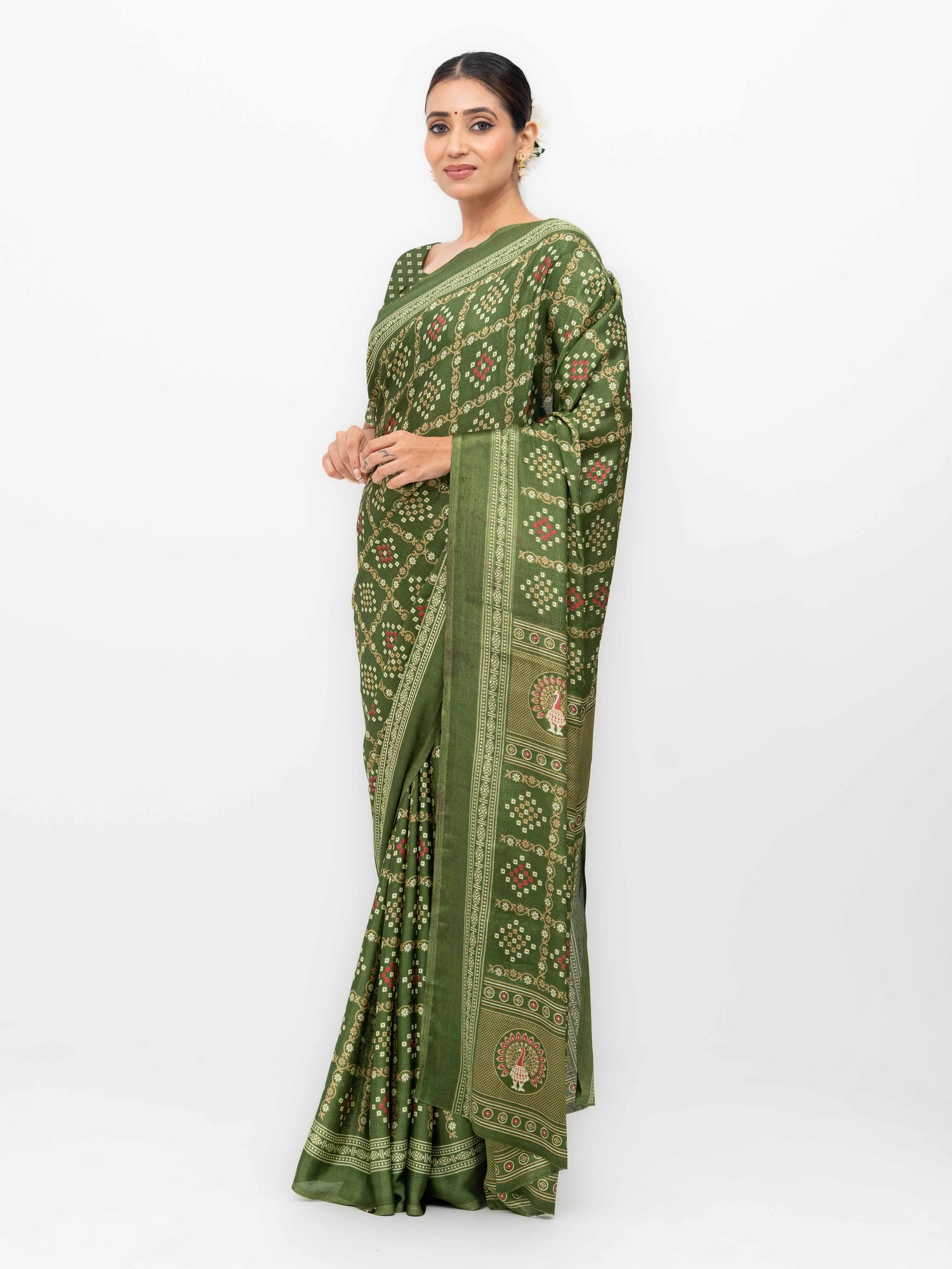 Olive Green Semi Crepe Bandhani Saree