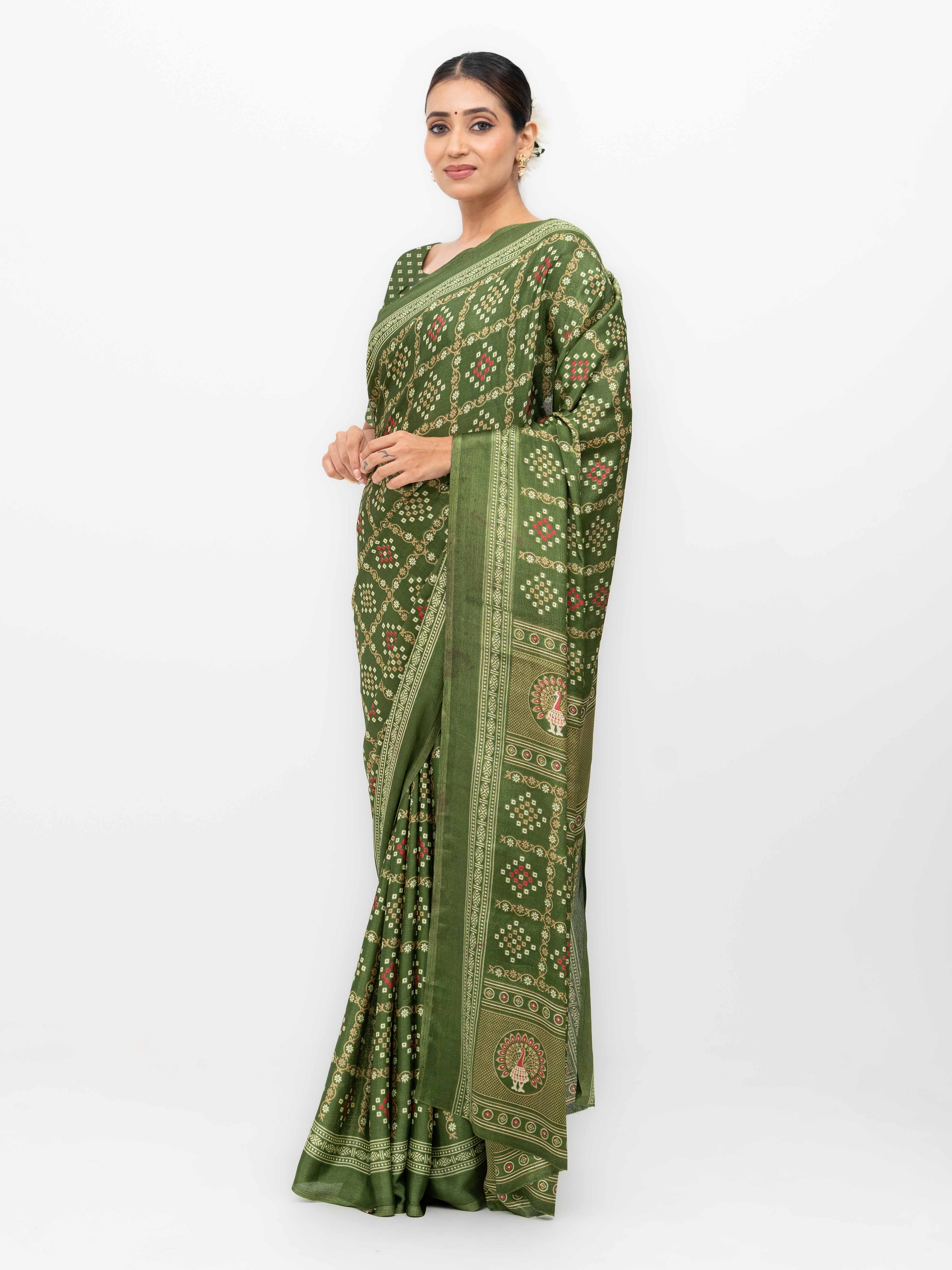 Olive Green Semi Crepe Bandhani Saree