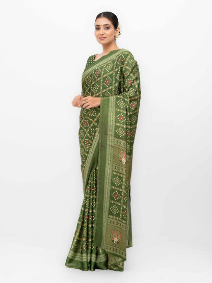 Olive Green Semi Crepe Bandhani Saree