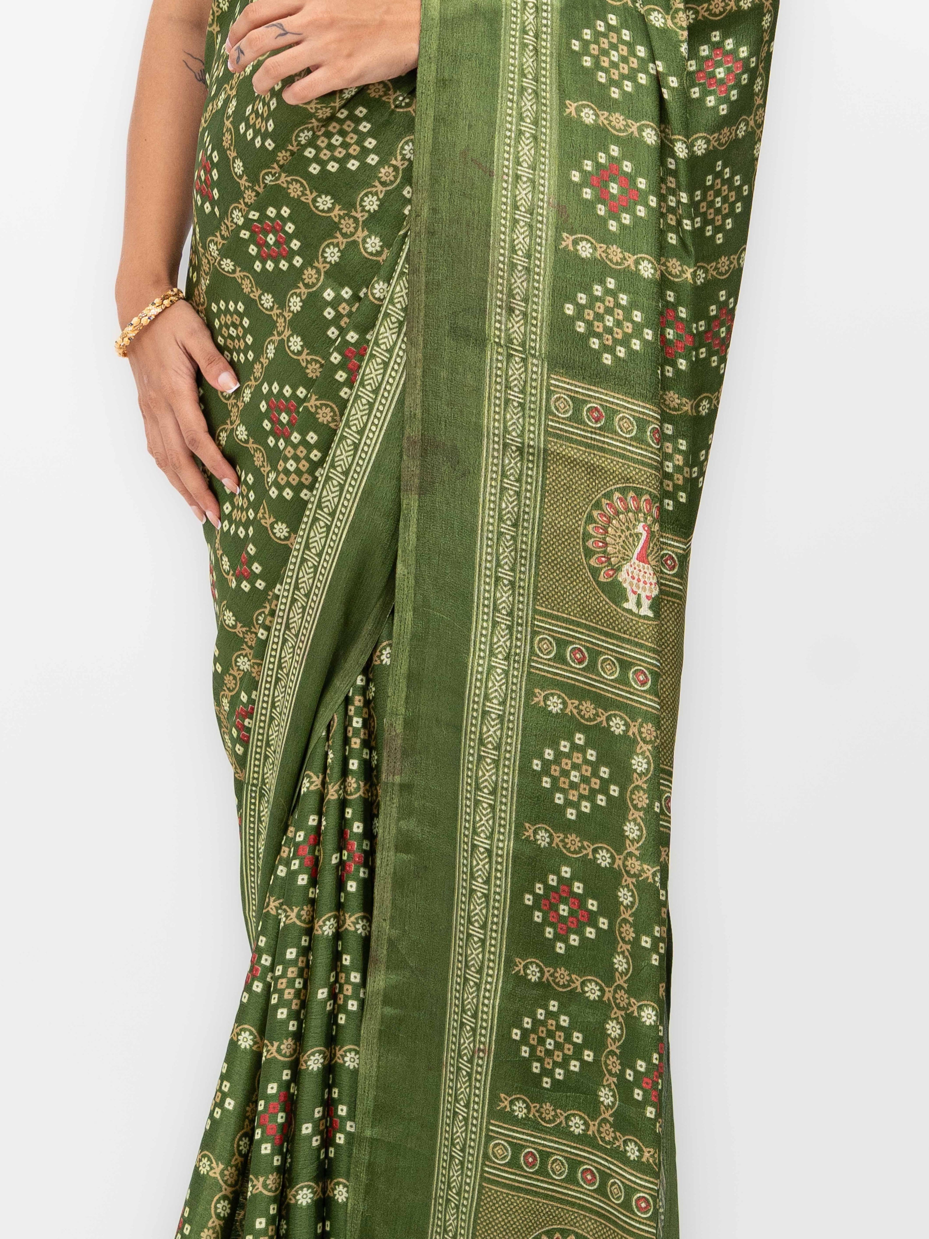 Olive Green Semi Crepe Bandhani Saree