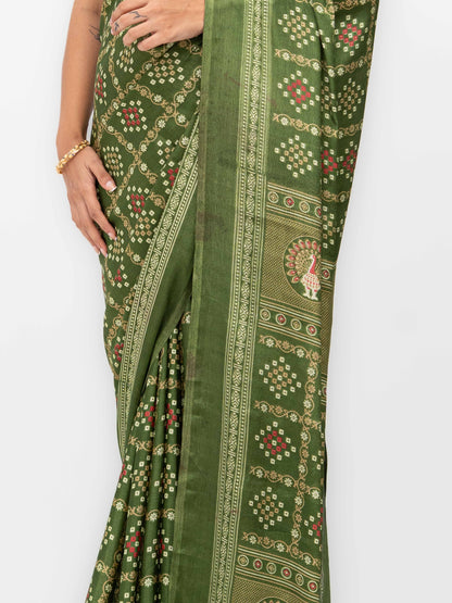 Olive Green Semi Crepe Bandhani Saree