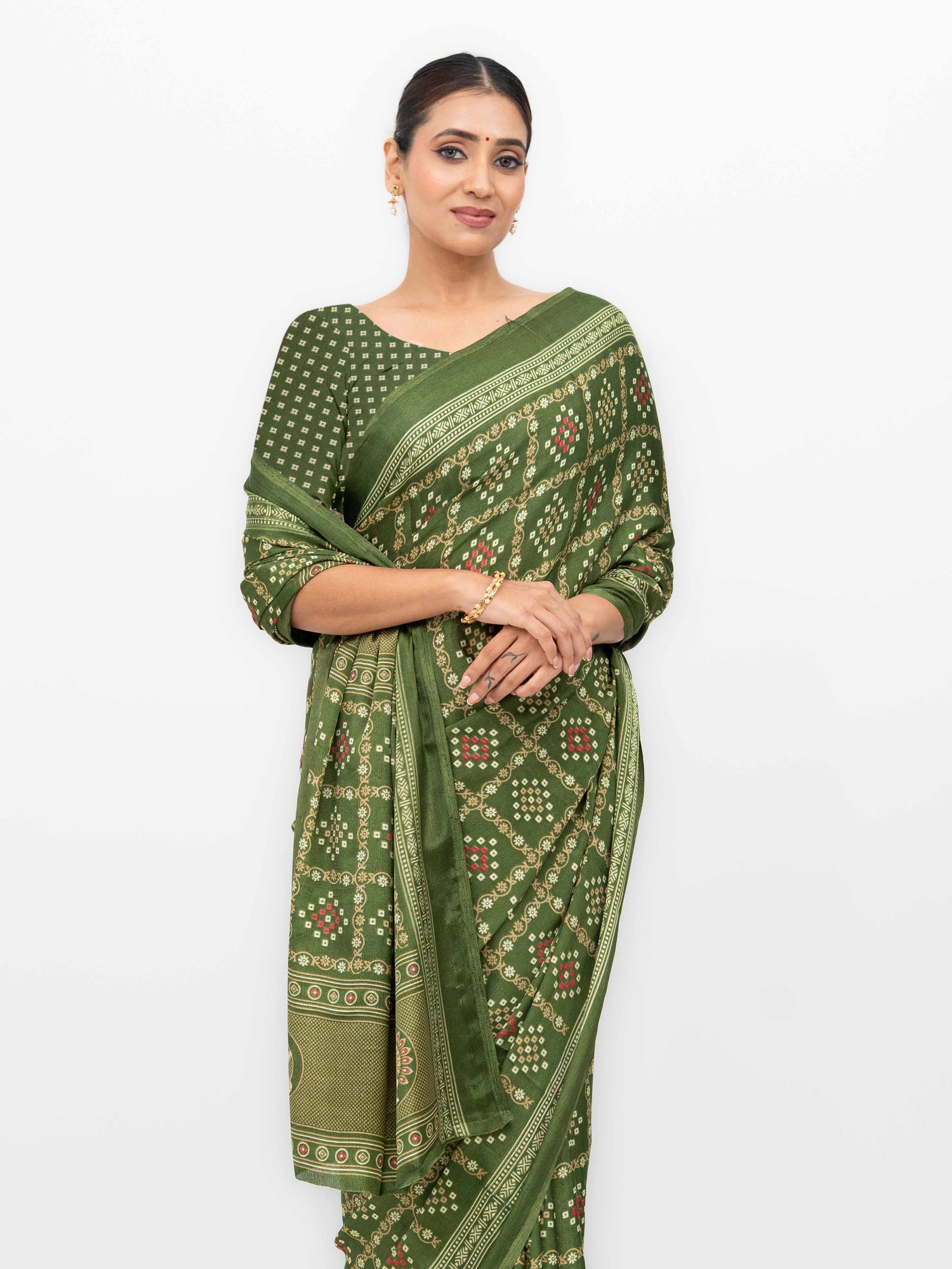 Olive Green Semi Crepe Bandhani Saree
