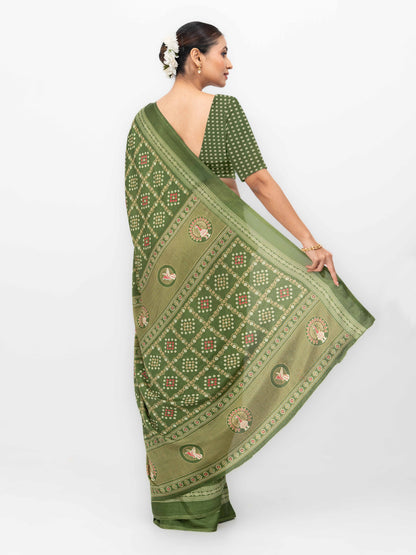 Olive Green Semi Crepe Bandhani Saree