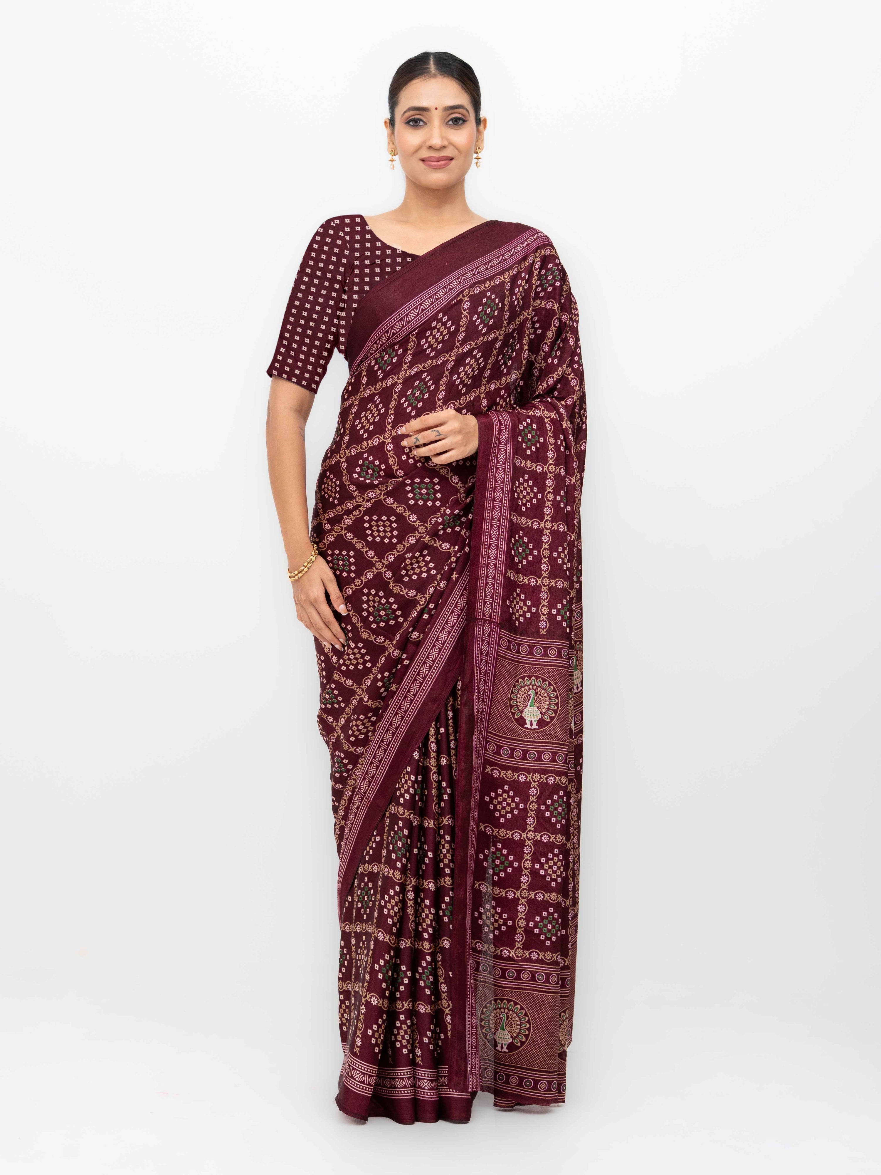 Burgundy Semi Crepe Bandhani Saree
