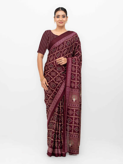 Burgundy Semi Crepe Bandhani Saree
