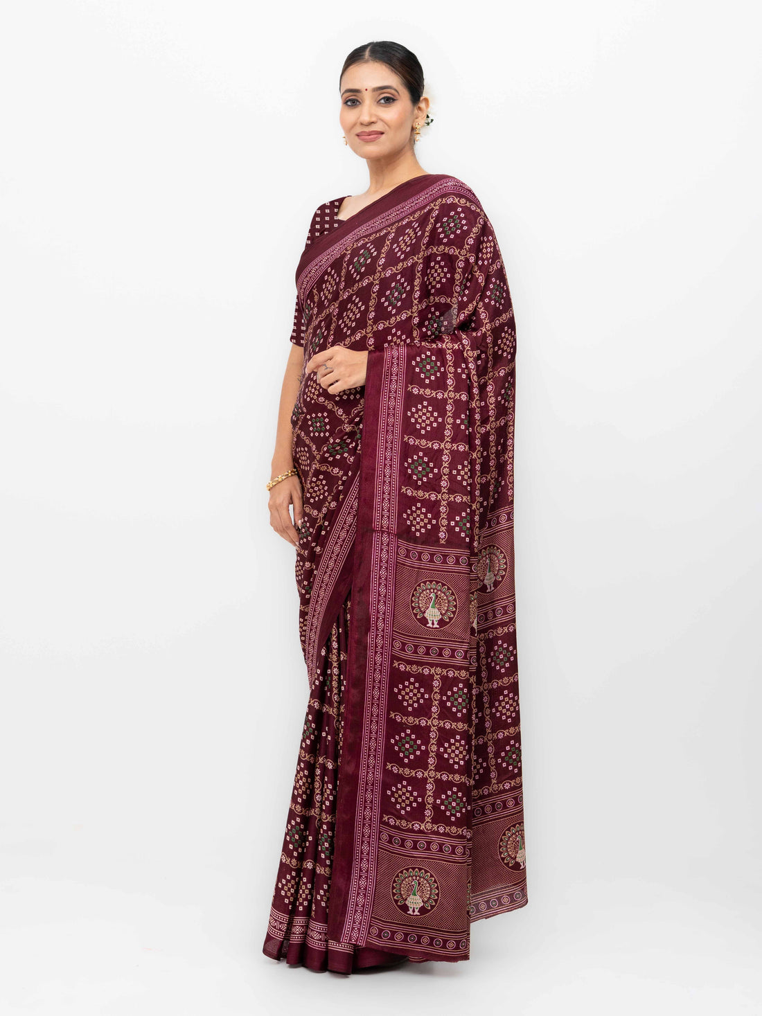 Burgundy Semi Crepe Bandhani Saree