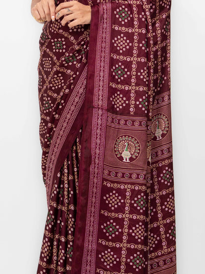 Burgundy Semi Crepe Bandhani Saree