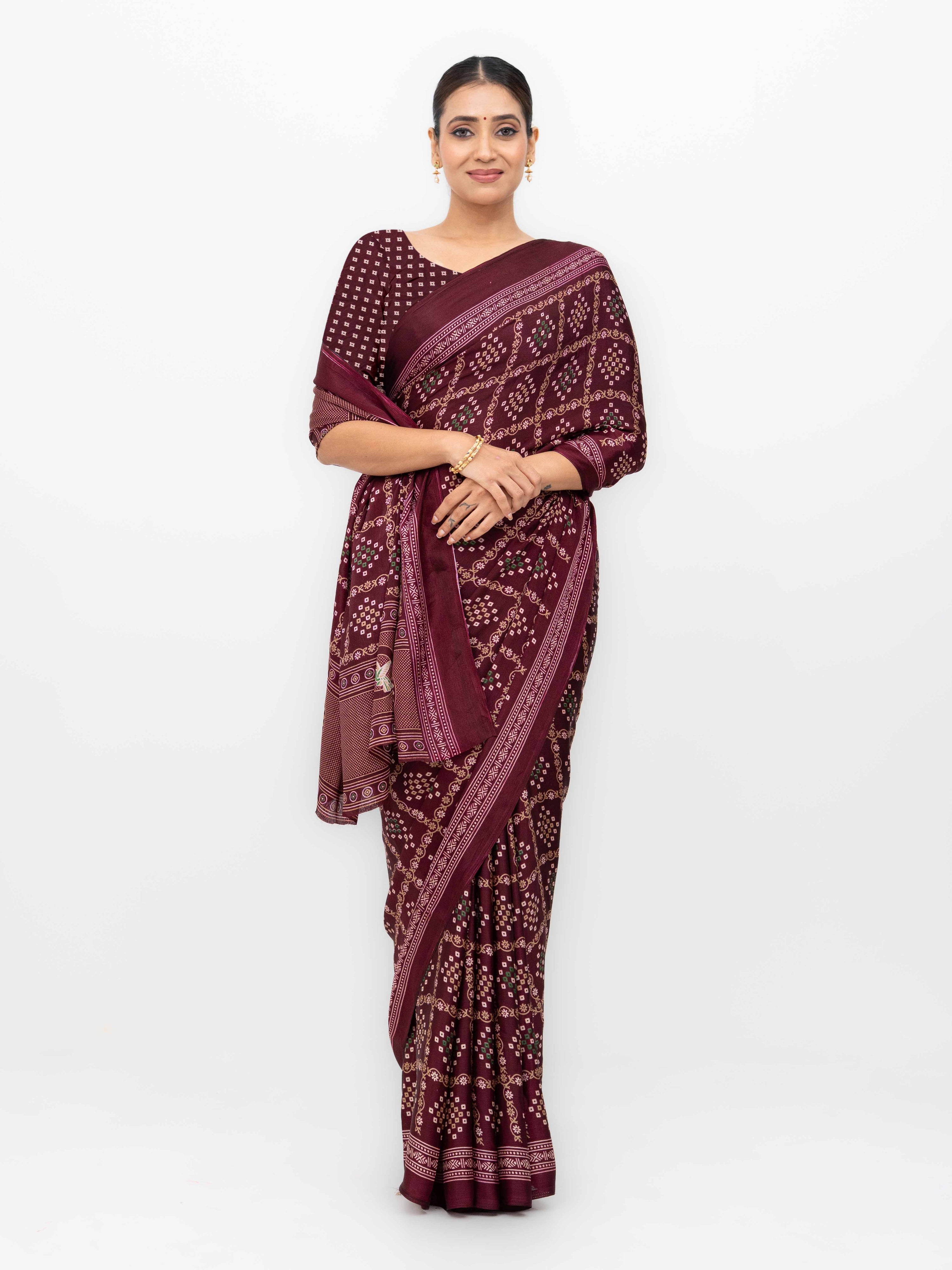 Burgundy Semi Crepe Bandhani Saree