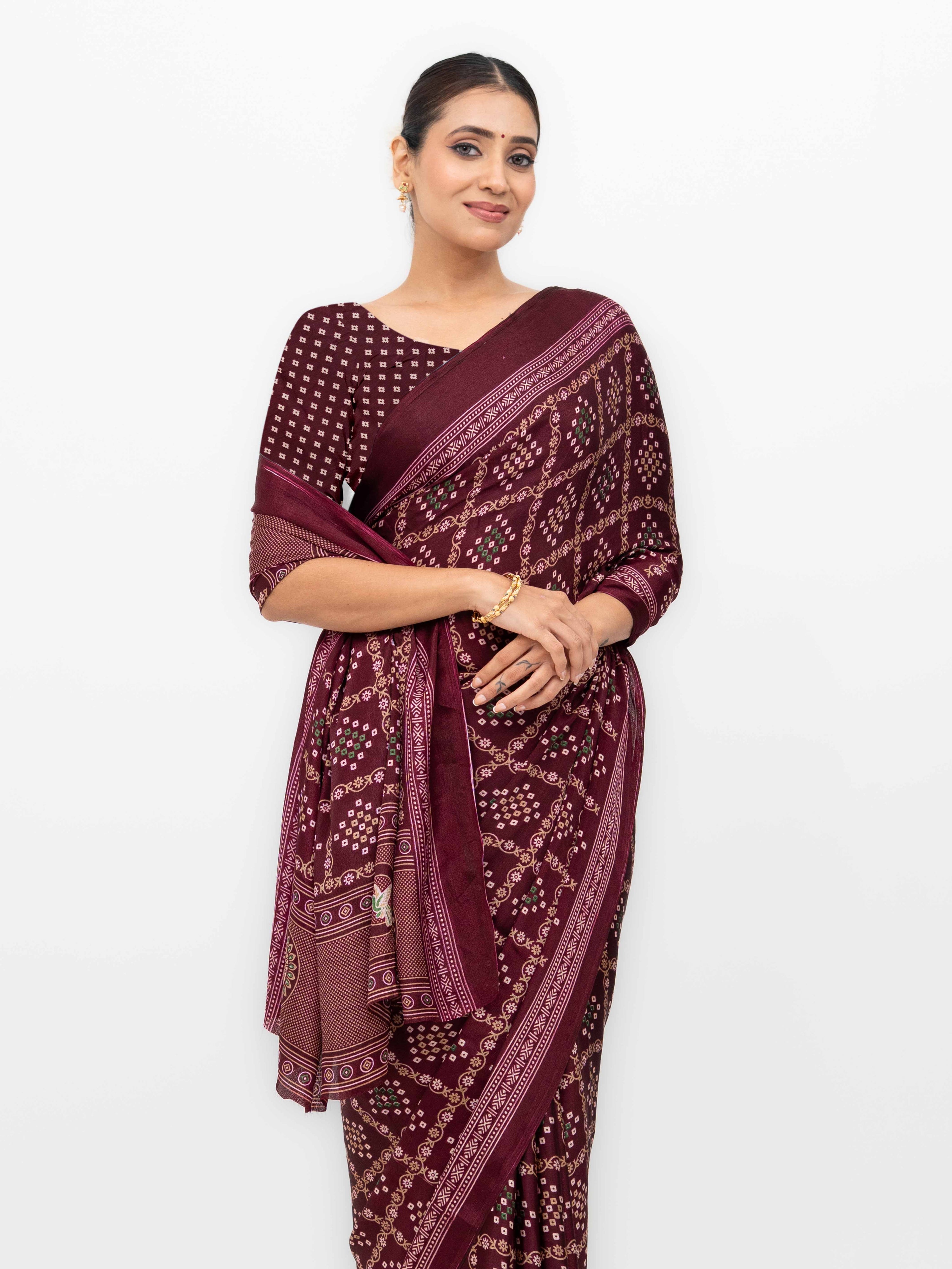 Burgundy Semi Crepe Bandhani Saree