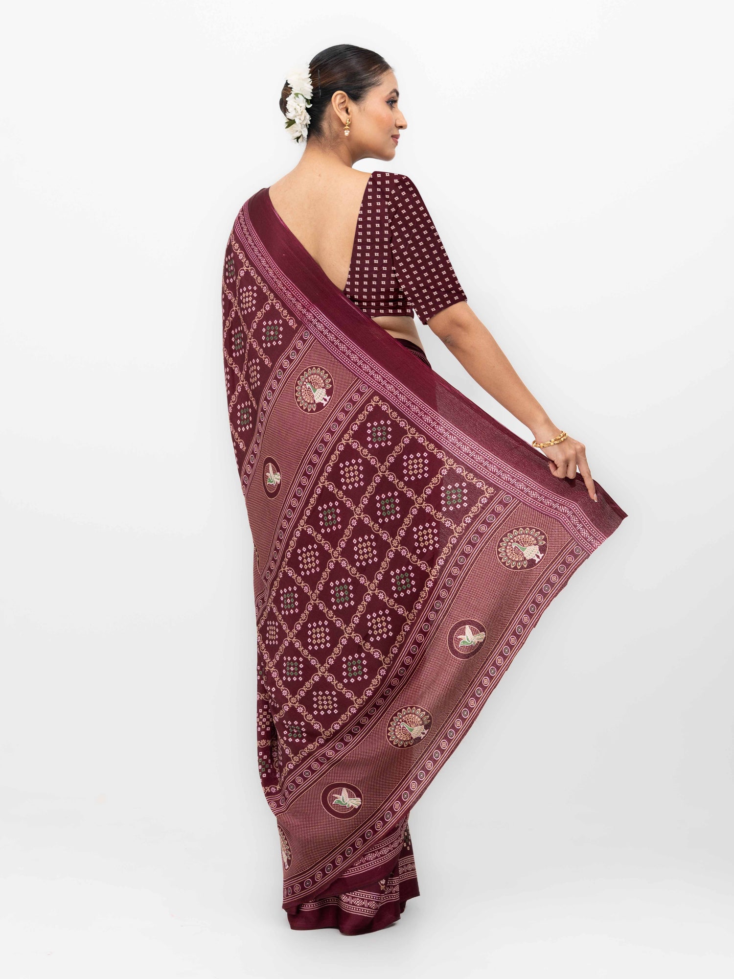 Burgundy Semi Crepe Bandhani Saree