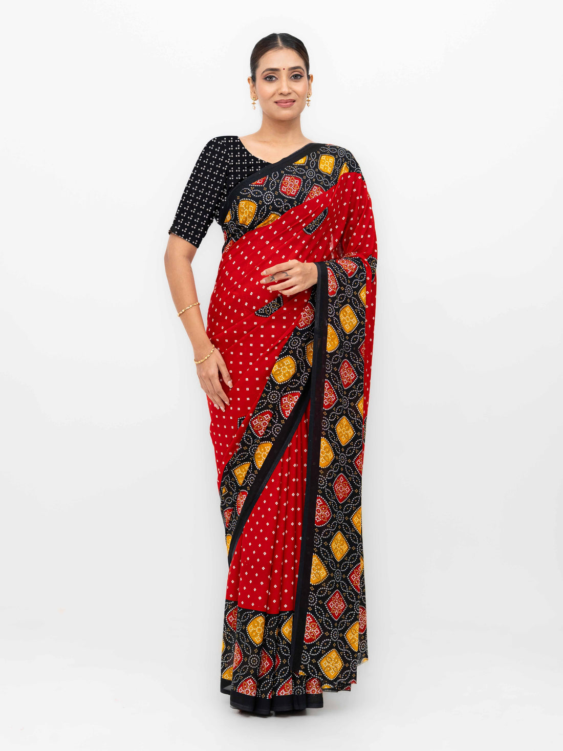 Red Moss Bandhani Saree