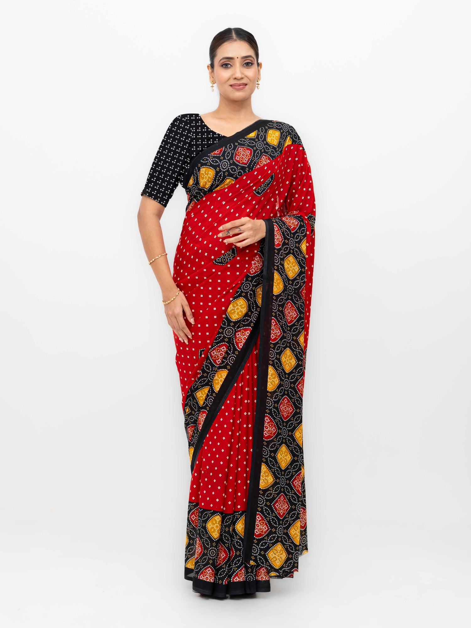 Red Moss Bandhani Saree
