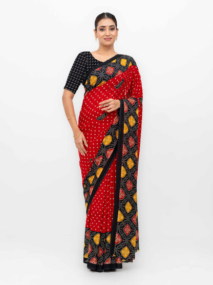 Red Moss Bandhani Saree