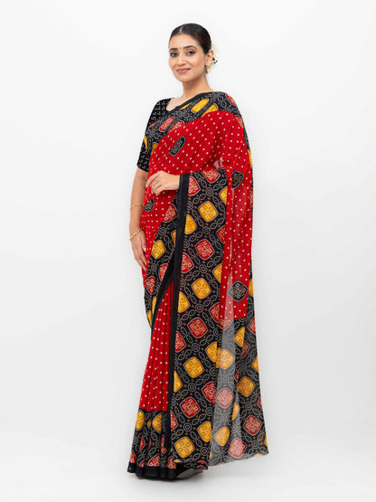 Red Moss Bandhani Saree