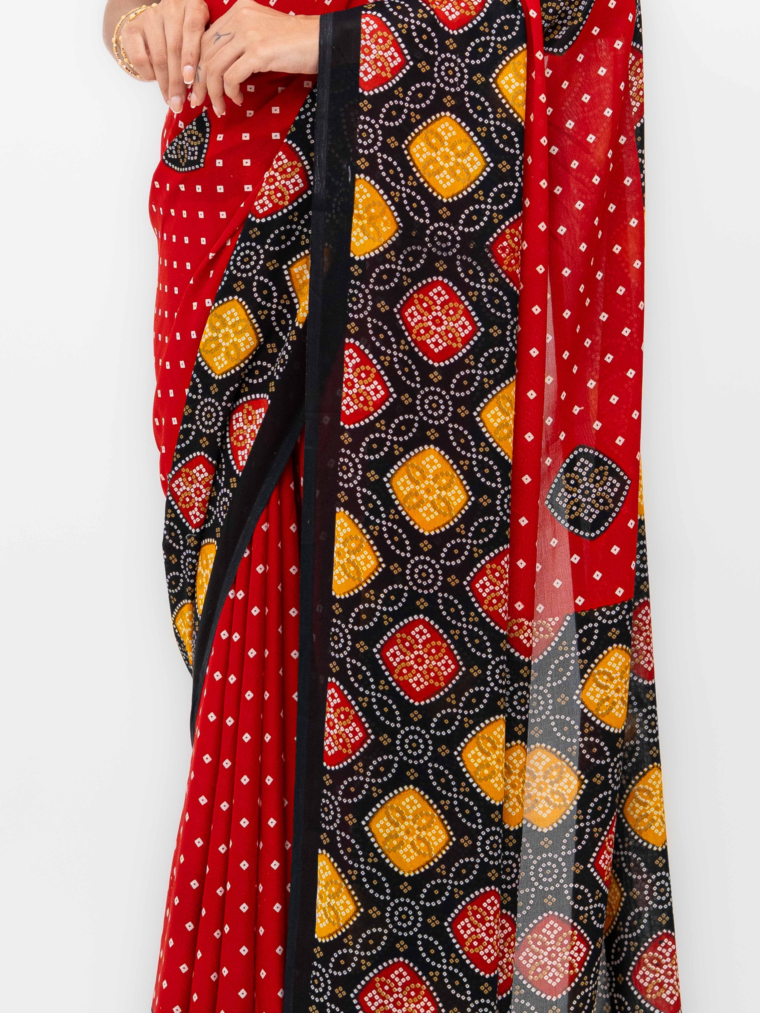 Red Moss Bandhani Saree