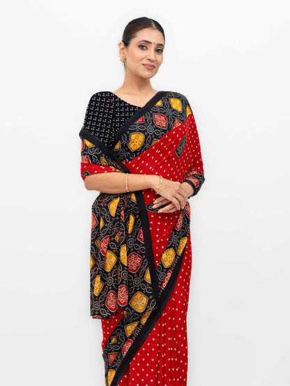 Red Moss Bandhani Saree