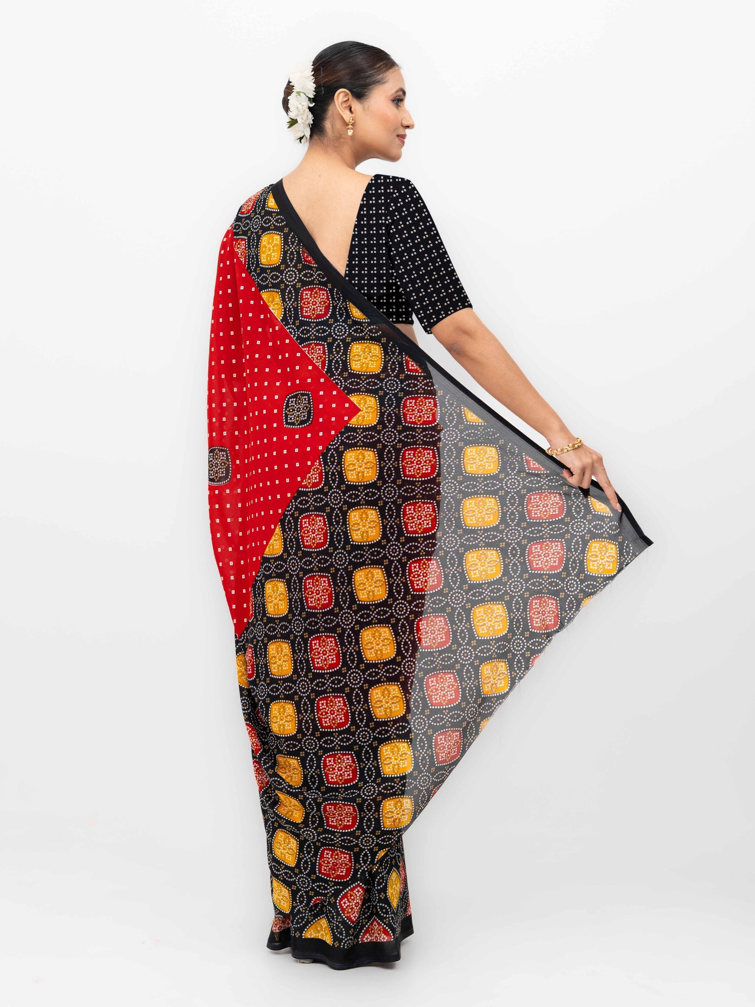 Red Moss Bandhani Saree